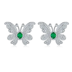 0.39 Carat Oval Lab Created Emerald Butterfly Stud Earrings in S925 Silver Plated Platinum