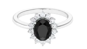 1 CT Princess Diana Inspired Oval Shape Black Spinel Engagement Ring Diamond Halo