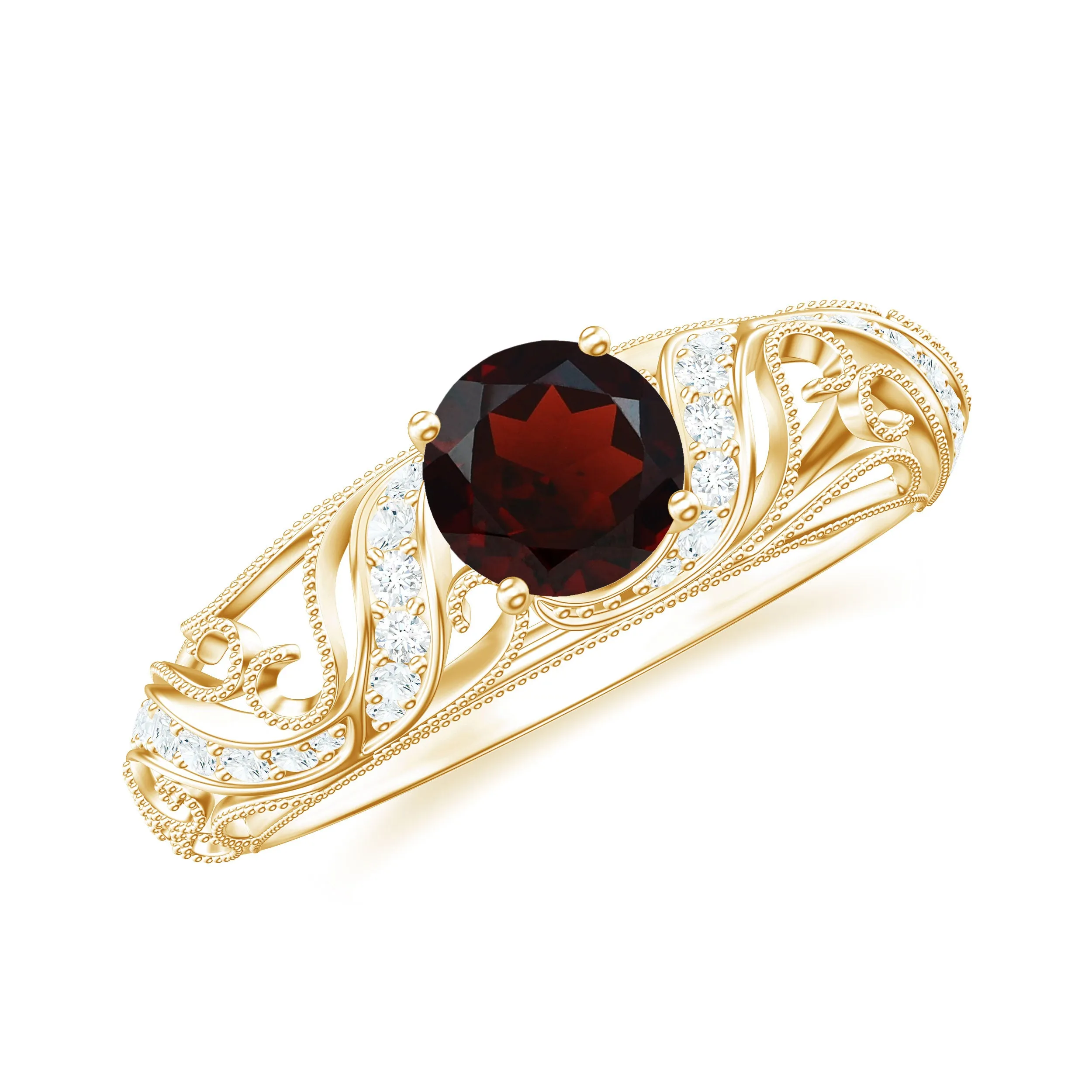 1 CT Round Shape Garnet and Diamond Cutout Vintage Ring with Milgrain Details