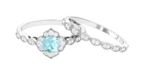 1 CT Sky Blue Topaz Flower Beaded Ring Set with Diamond