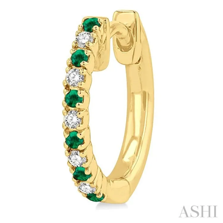 1/10 ctw Petite 1.35 MM Emerald and Round Cut Diamond Precious Fashion Huggies in 10K Yellow Gold