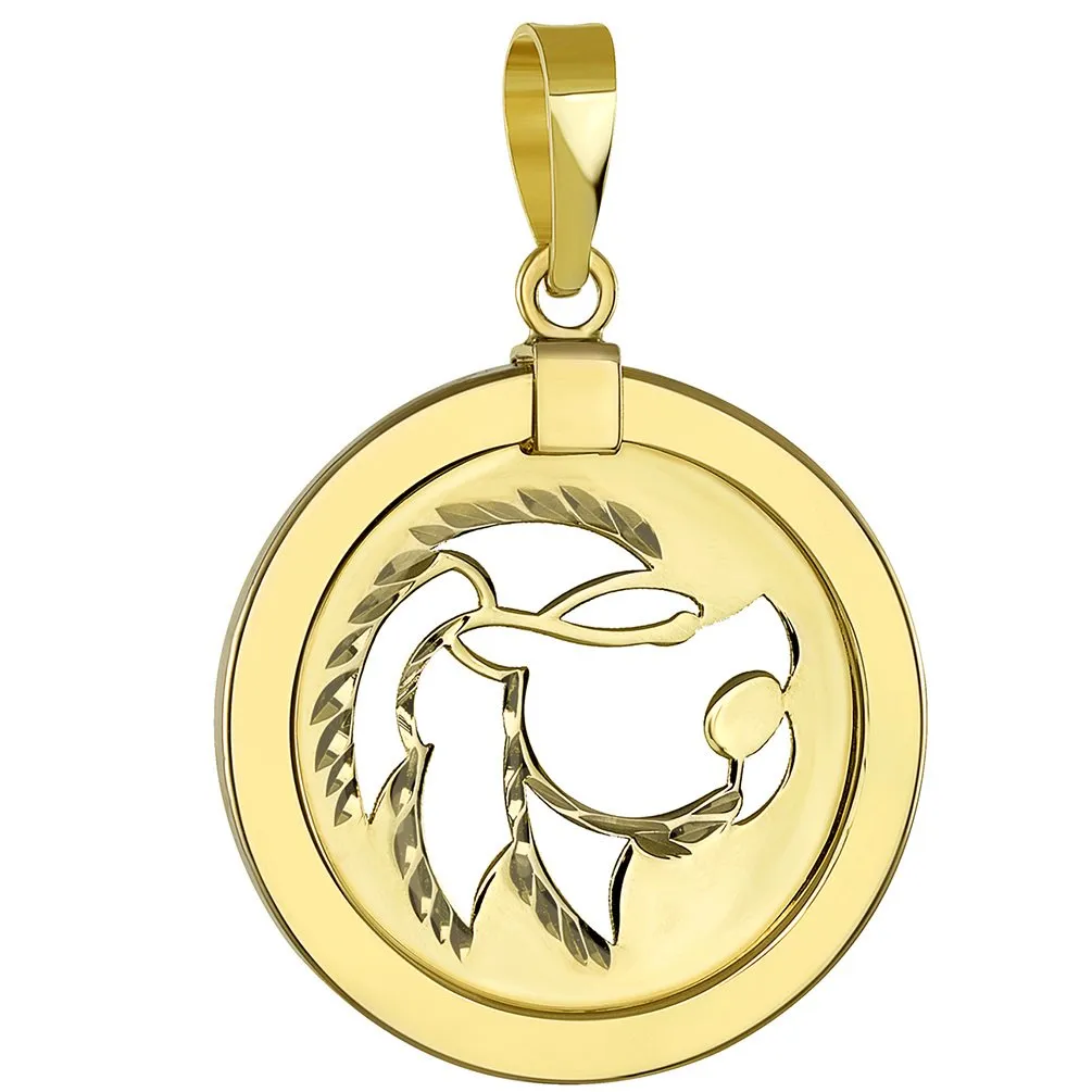 14K Gold Reversible Round Lion Leo Zodiac Sign Pendant Necklace - Yellow Gold