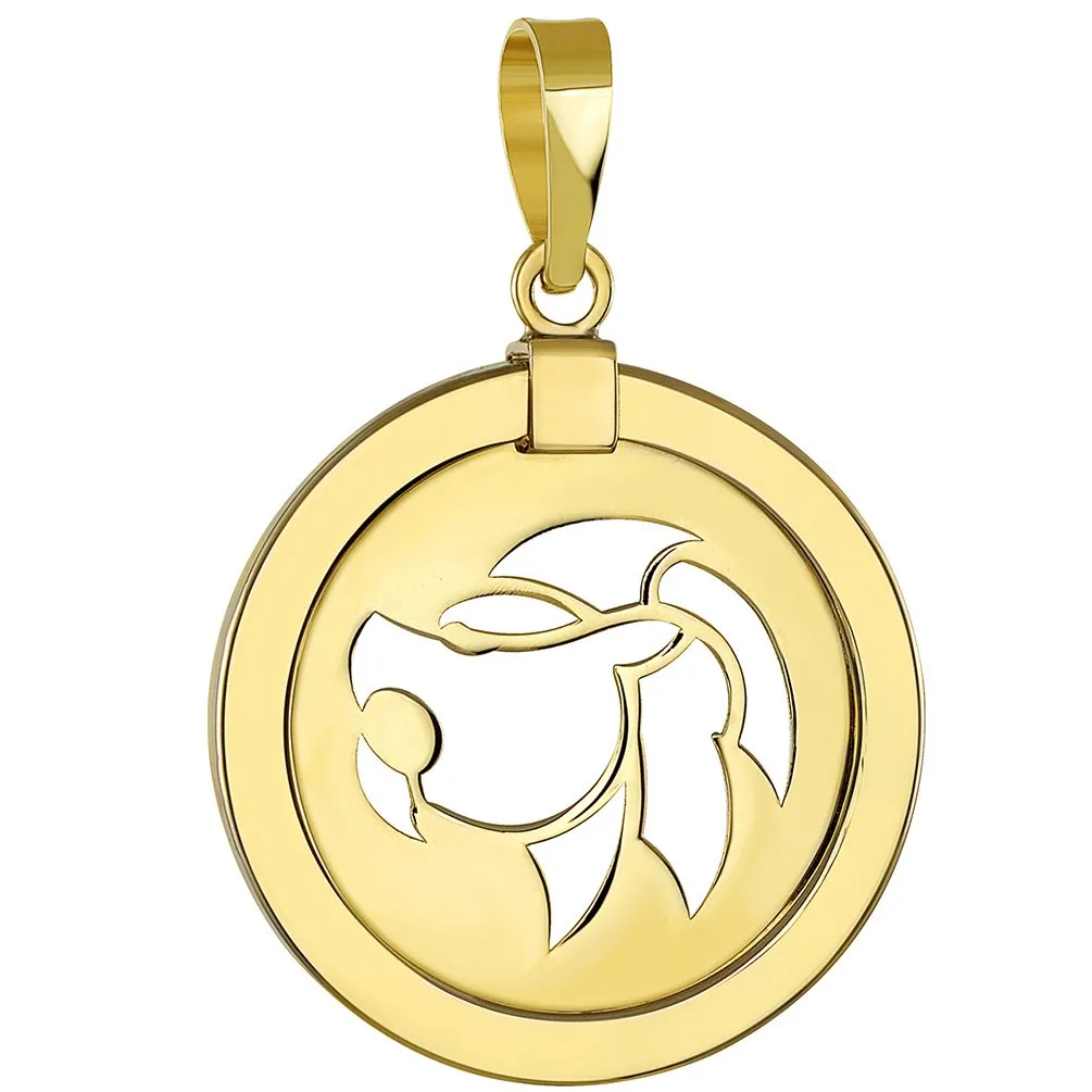 14K Gold Reversible Round Lion Leo Zodiac Sign Pendant Necklace - Yellow Gold