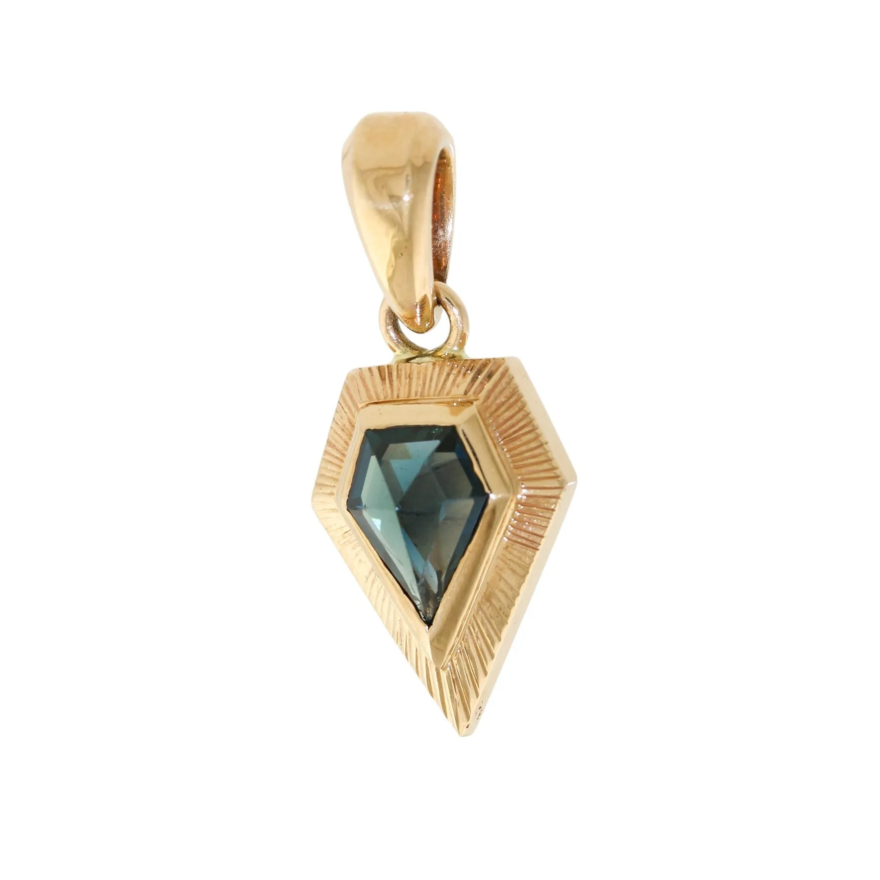 14K Gold x Teal Sapphire Art-Deco Arrowhead Sunburst Pendant