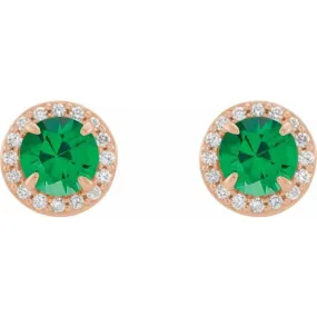 14K Rose 5 mm Lab-Grown Emerald & 1/8 CTW Natural Diamond Earrings