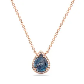 14K Rose Gold Pear Shape Blue Topaz And Diamond Necklace