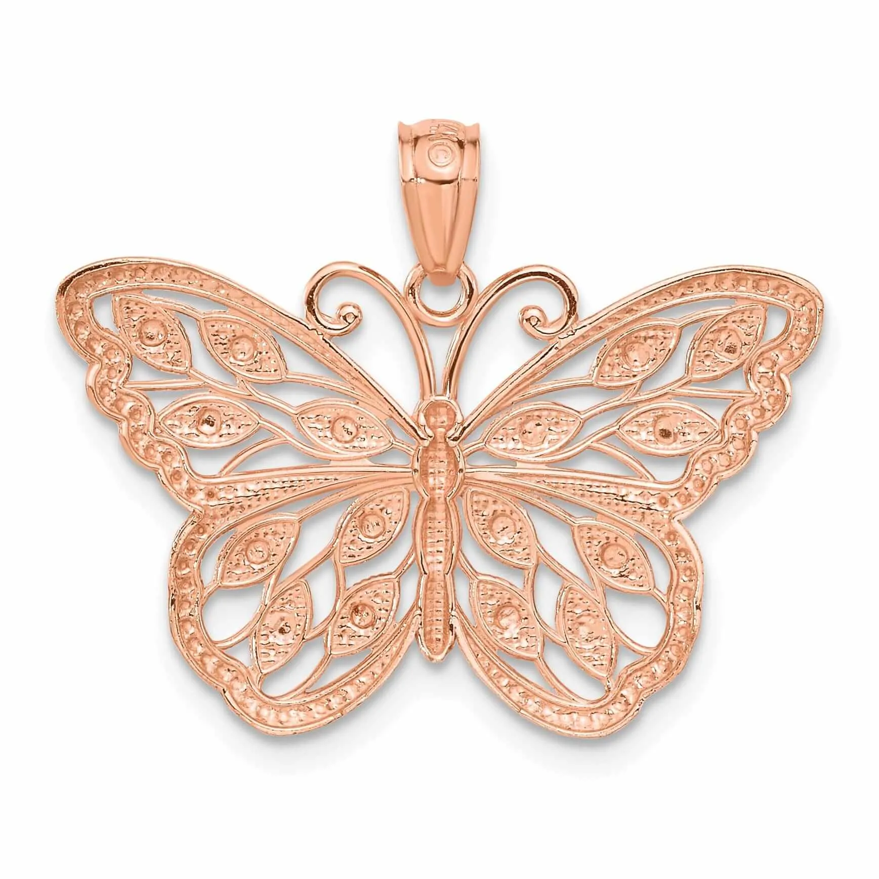 14k Rose Gold with Rhodium Textured Back Solid Casted Polished Finish Diamond-cut Butterfly Charm Pendant