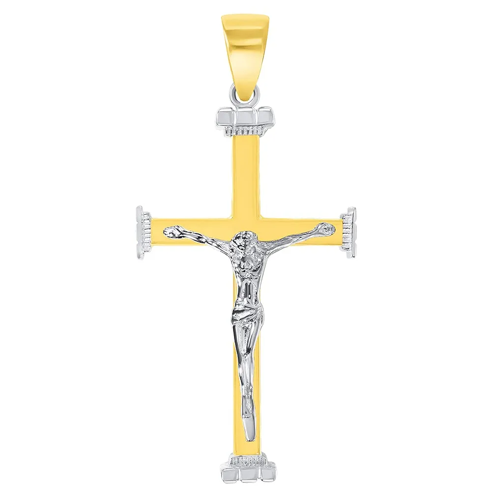 14k Solid Two-Tone Gold 3D Religious Crucifix Cross Pendant with Cuban Chain Curb Necklace