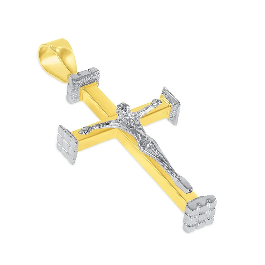 14k Solid Two-Tone Gold 3D Religious Crucifix Cross Pendant with Cuban Chain Curb Necklace