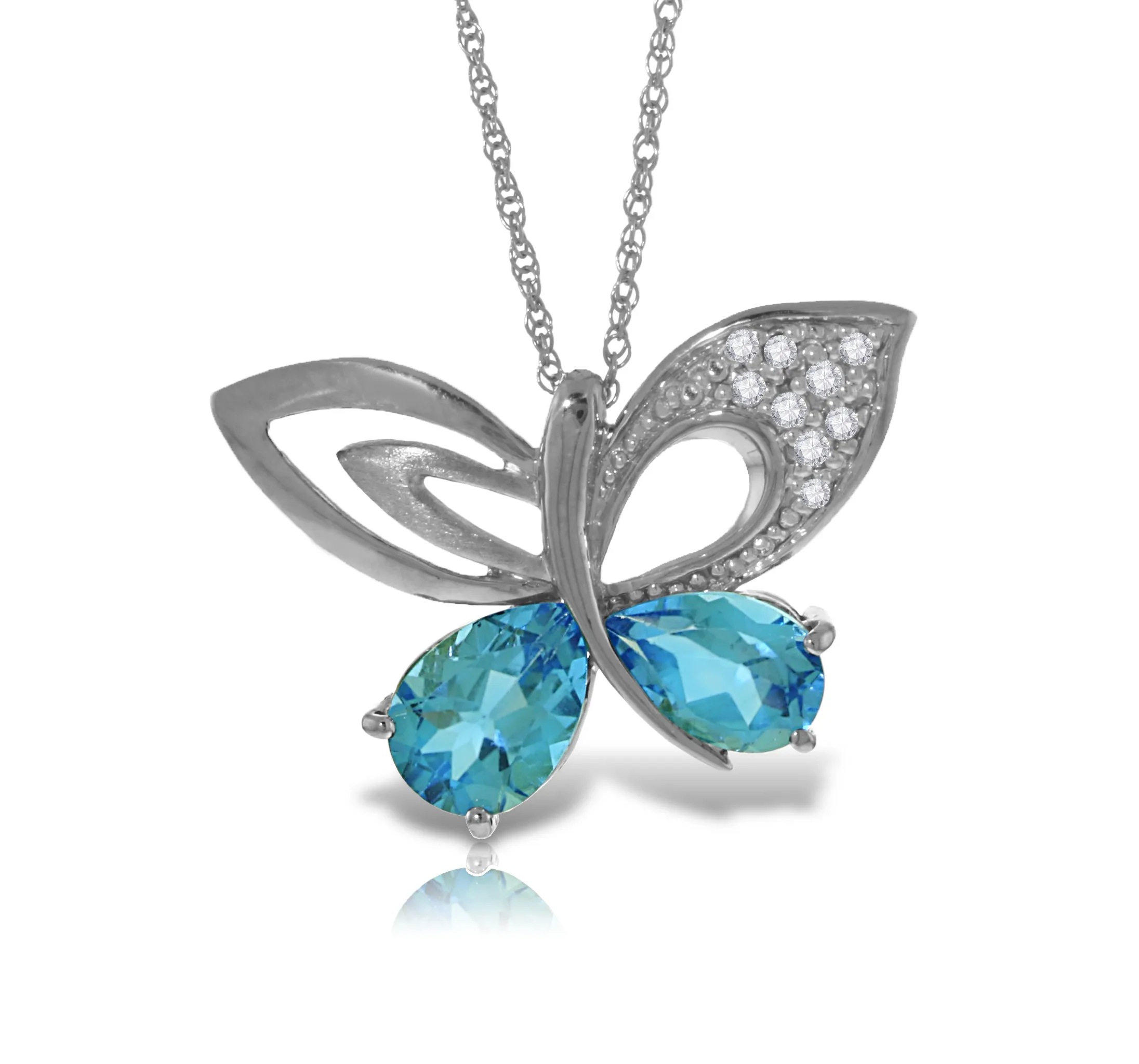 14K Solid White Gold Butterfly Necklace Natural Diamond & Blue Topaz Jewelry