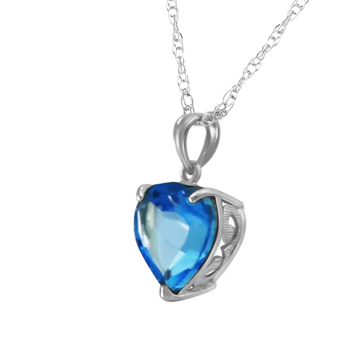 14K Solid White Gold Necklace w/ Natural 10mm Heart Blue Topaz