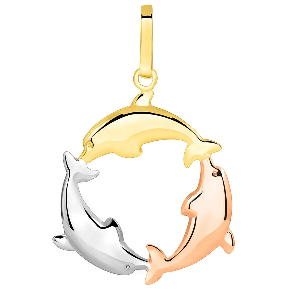 14k Tri Color Gold 3D Three Dolphins Jumping Around Circle Pendant Cuban Necklace