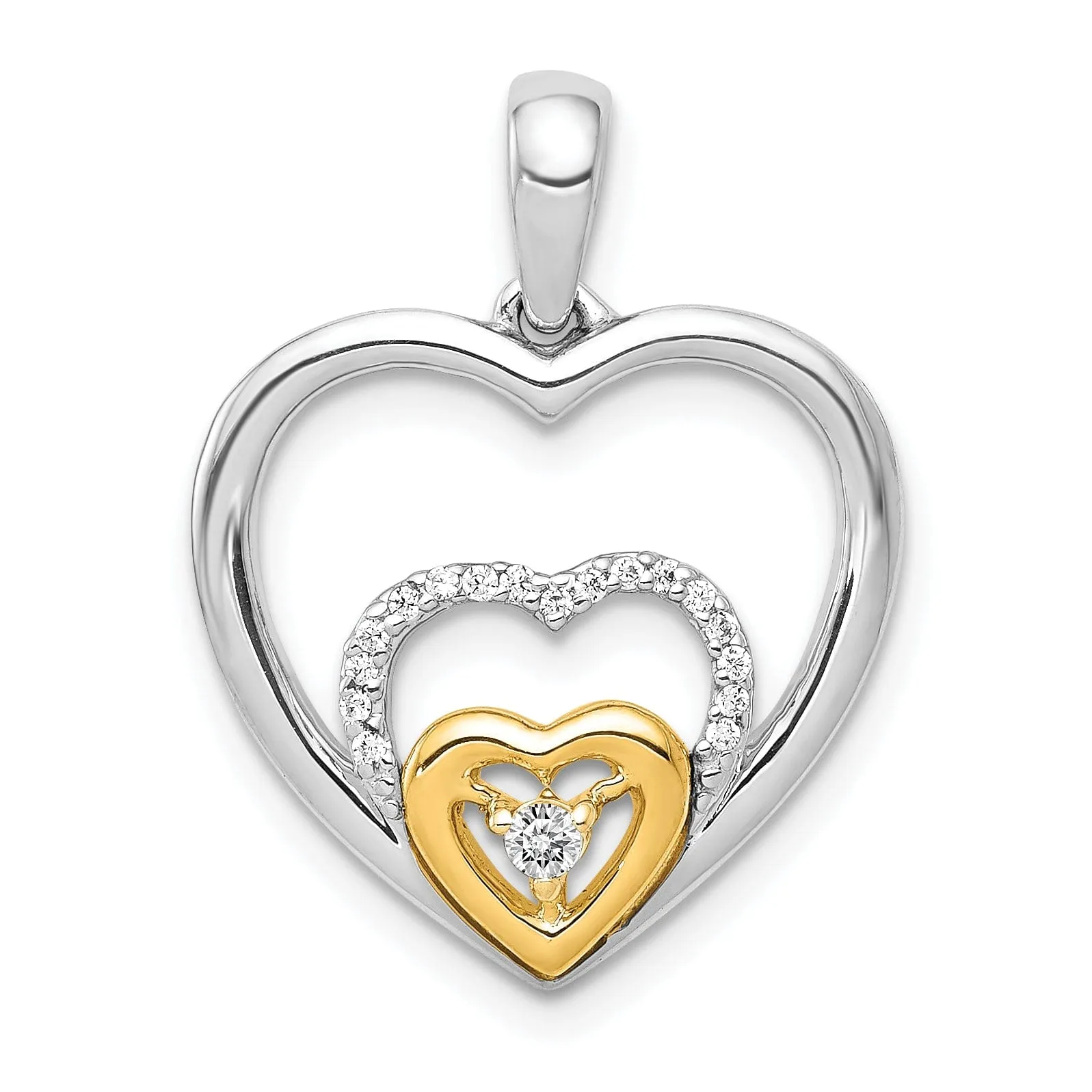 14k Two Tone Gold Polished Finish Open Back 0.081-CT Diamond Triple Heart In Hearts Design Charm Pendant