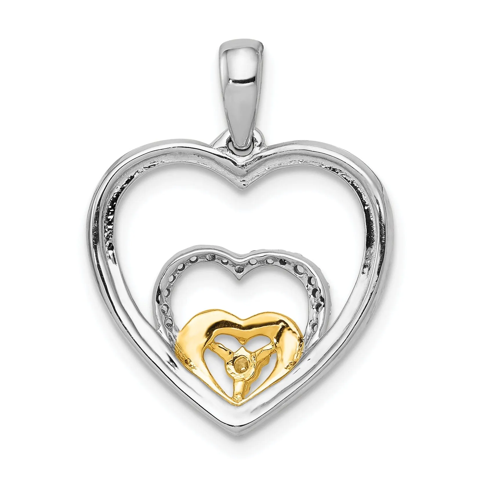 14k Two Tone Gold Polished Finish Open Back 0.081-CT Diamond Triple Heart In Hearts Design Charm Pendant