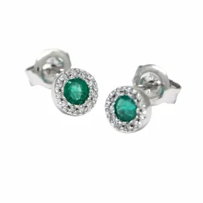 14k White Gold Emerald and Diamond Halo Studs