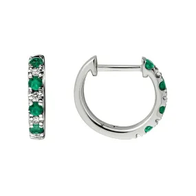 14K White Gold Emerald and Diamond Huggie Earrings