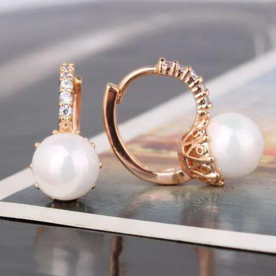 14K White Gold Plated Pearl Bead Solitaire Hoop Earrings For Woman