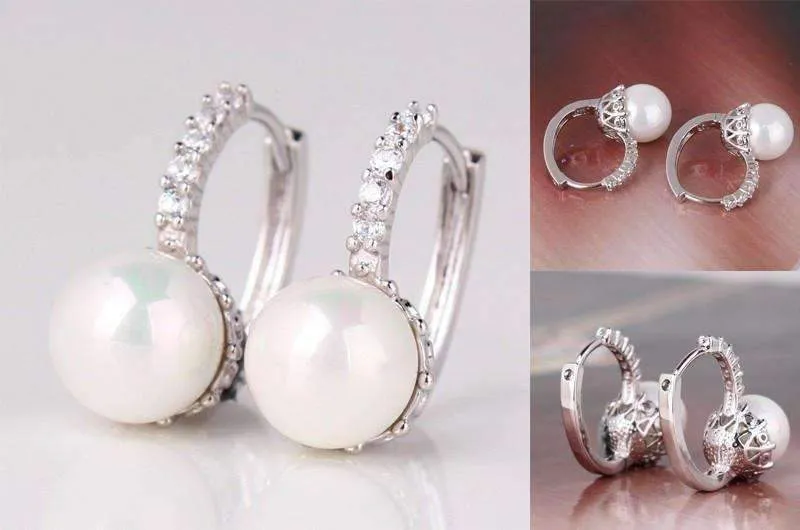 14K White Gold Plated Pearl Bead Solitaire Hoop Earrings For Woman