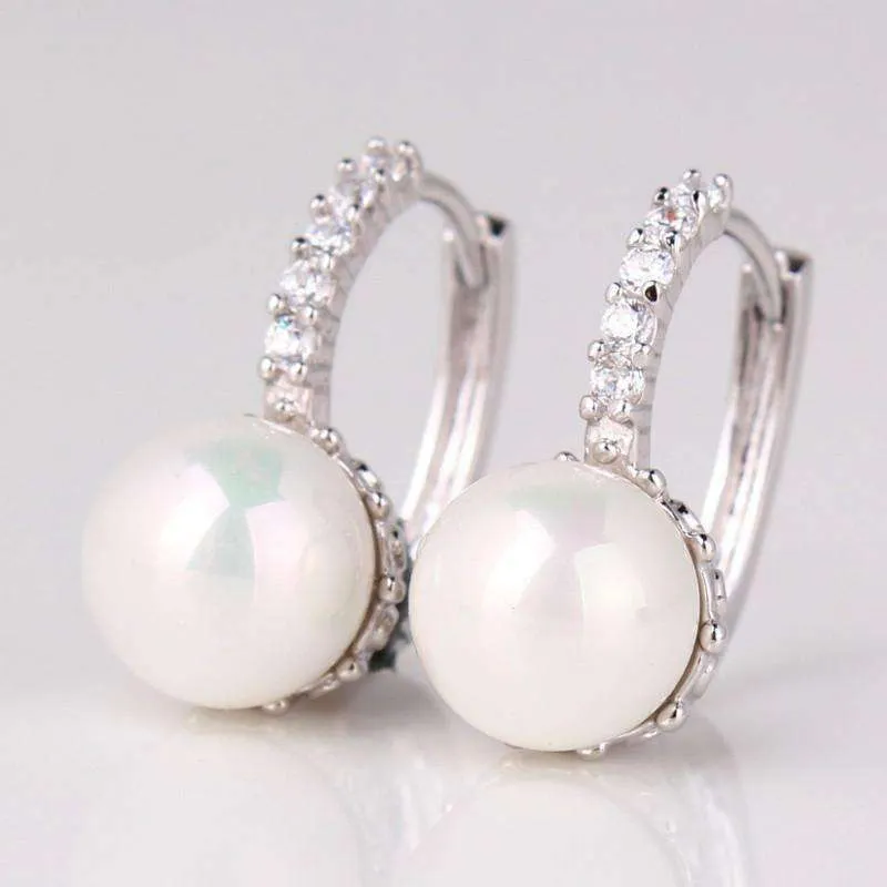 14K White Gold Plated Pearl Bead Solitaire Hoop Earrings For Woman