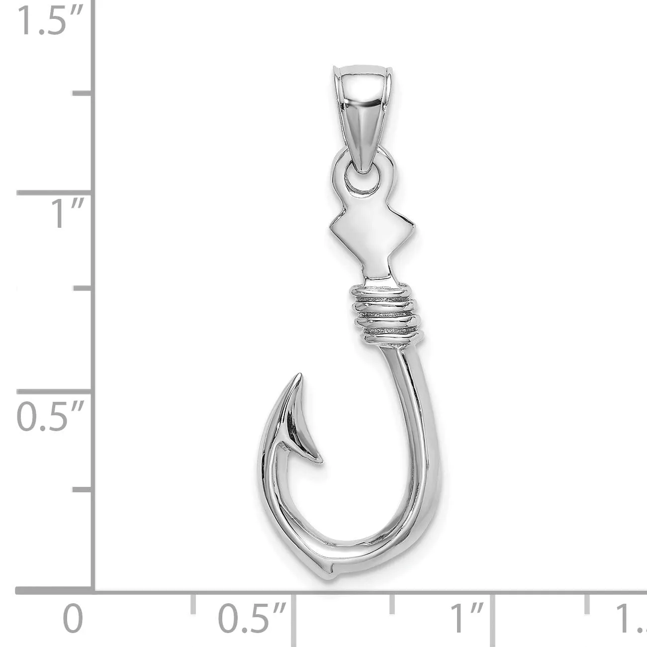 14K White Gold Polished Finish 3-Dimensional Large Fish Hook with Rope Design Charm Pendant