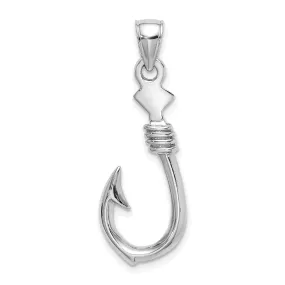 14K White Gold Polished Finish 3-Dimensional Large Fish Hook with Rope Design Charm Pendant