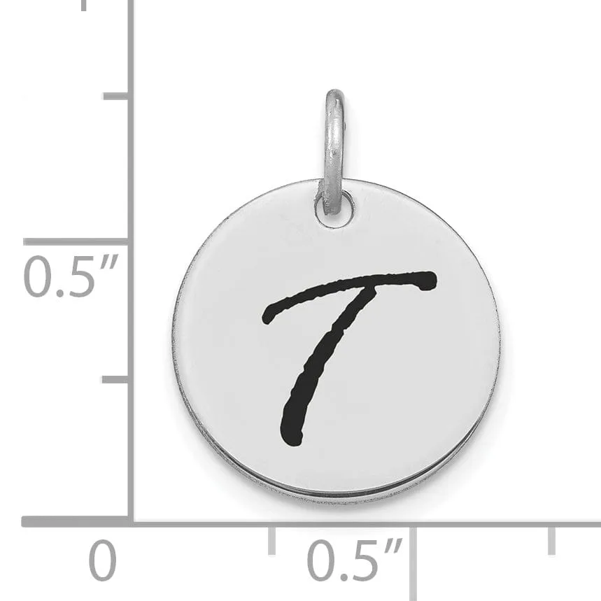 14k White Gold Polished Rhodium Black Epoxy Finish Letter T Initial Disk Shape Charm Pendant