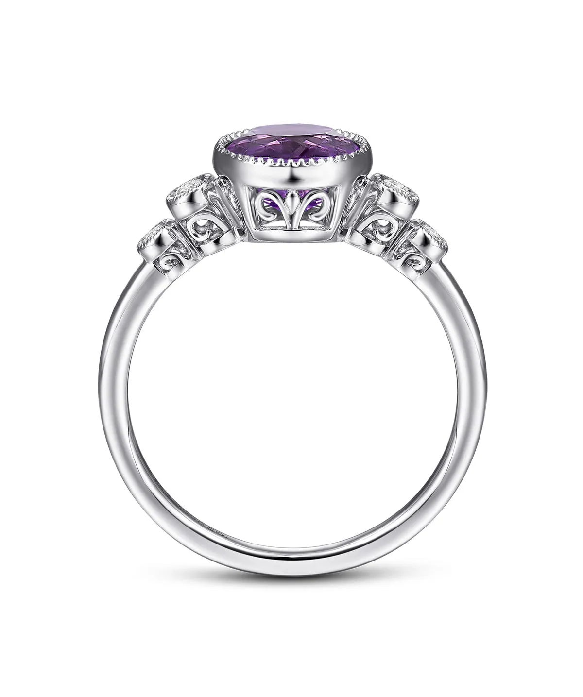 14K White Gold Round Bezel Set Amethyst and Diamond Ring