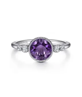 14K White Gold Round Bezel Set Amethyst and Diamond Ring