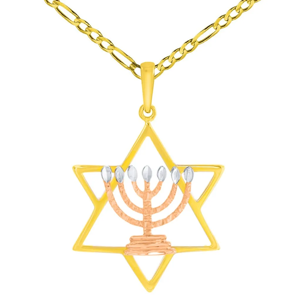 14K Yellow Gold & Rose Gold Jewish Star of David with Menorah Pendant Necklace