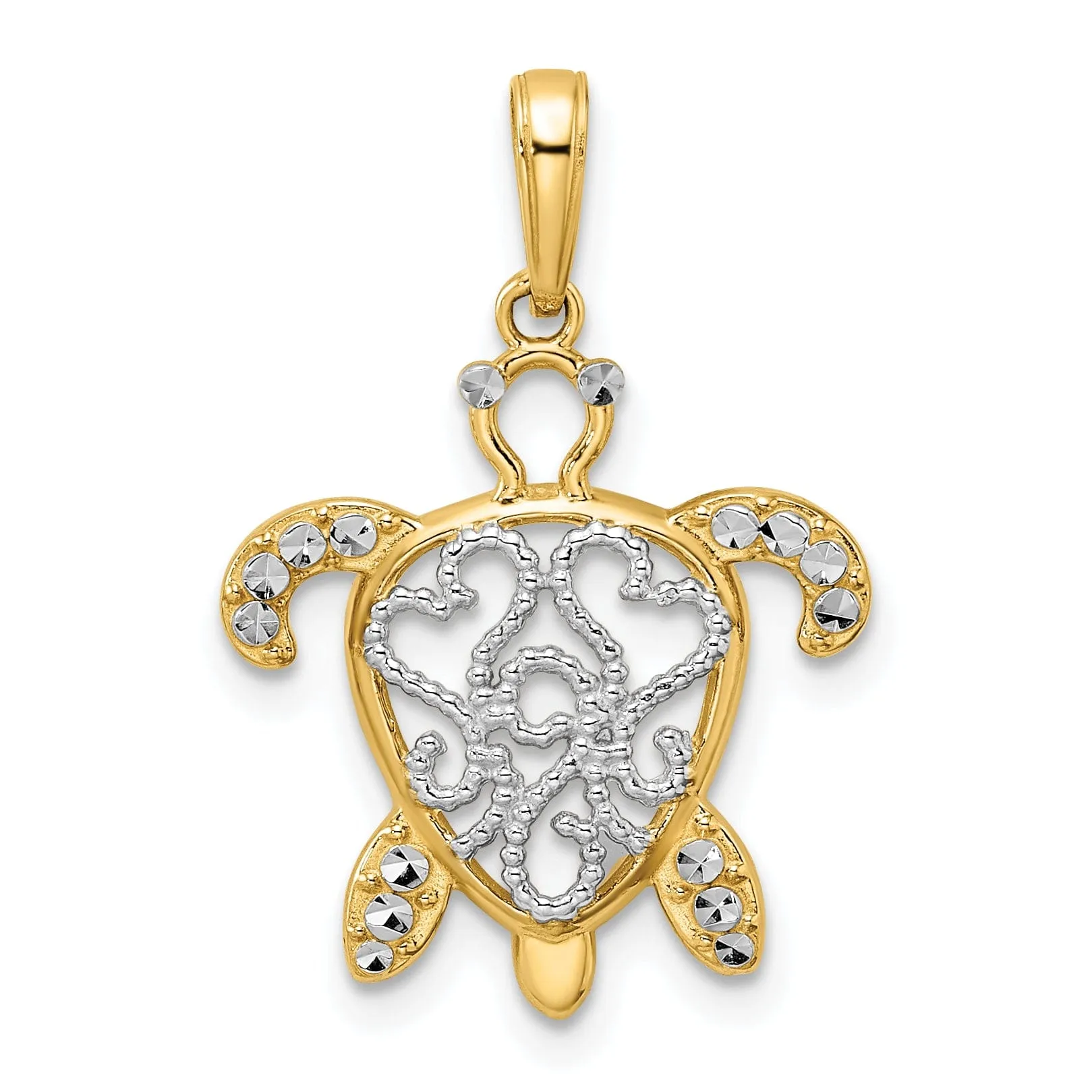 14k Yellow Gold and White Rhodium Casted Diamond-cut Filigree Turtle Charm Pendant