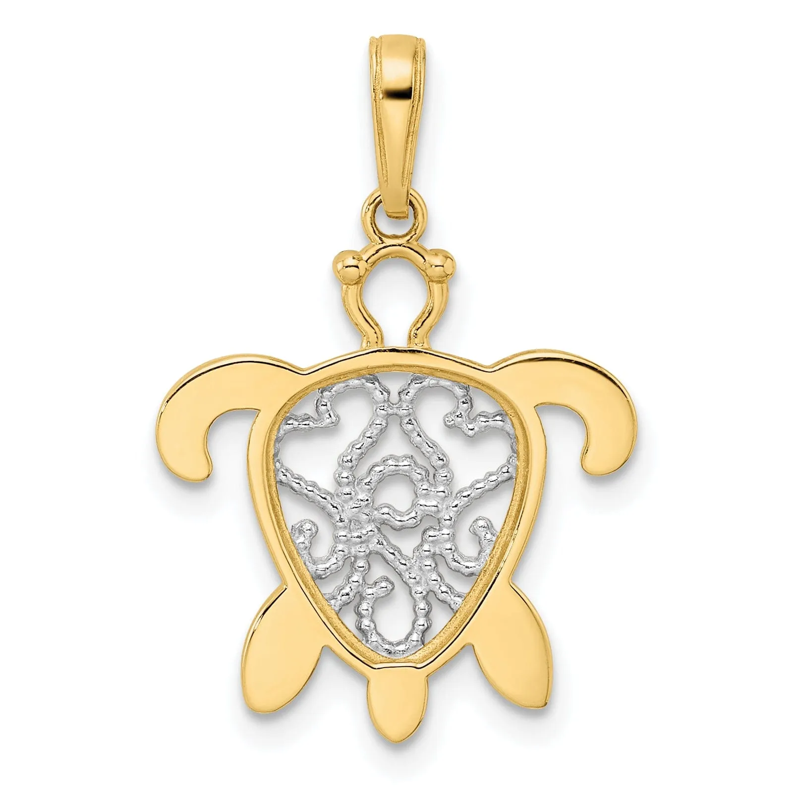 14k Yellow Gold and White Rhodium Casted Diamond-cut Filigree Turtle Charm Pendant