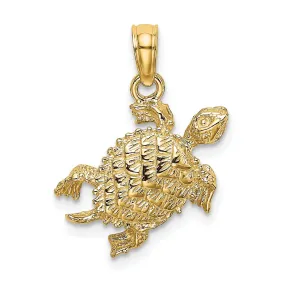 14k Yellow Gold Casted Solid Polished and Textured Finish Sea Turtle with Tail Charm Pendant