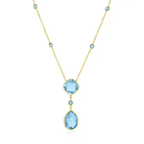 14k Yellow Gold Necklace Pear-Shaped and Cushion Blue Topaz Briolettes