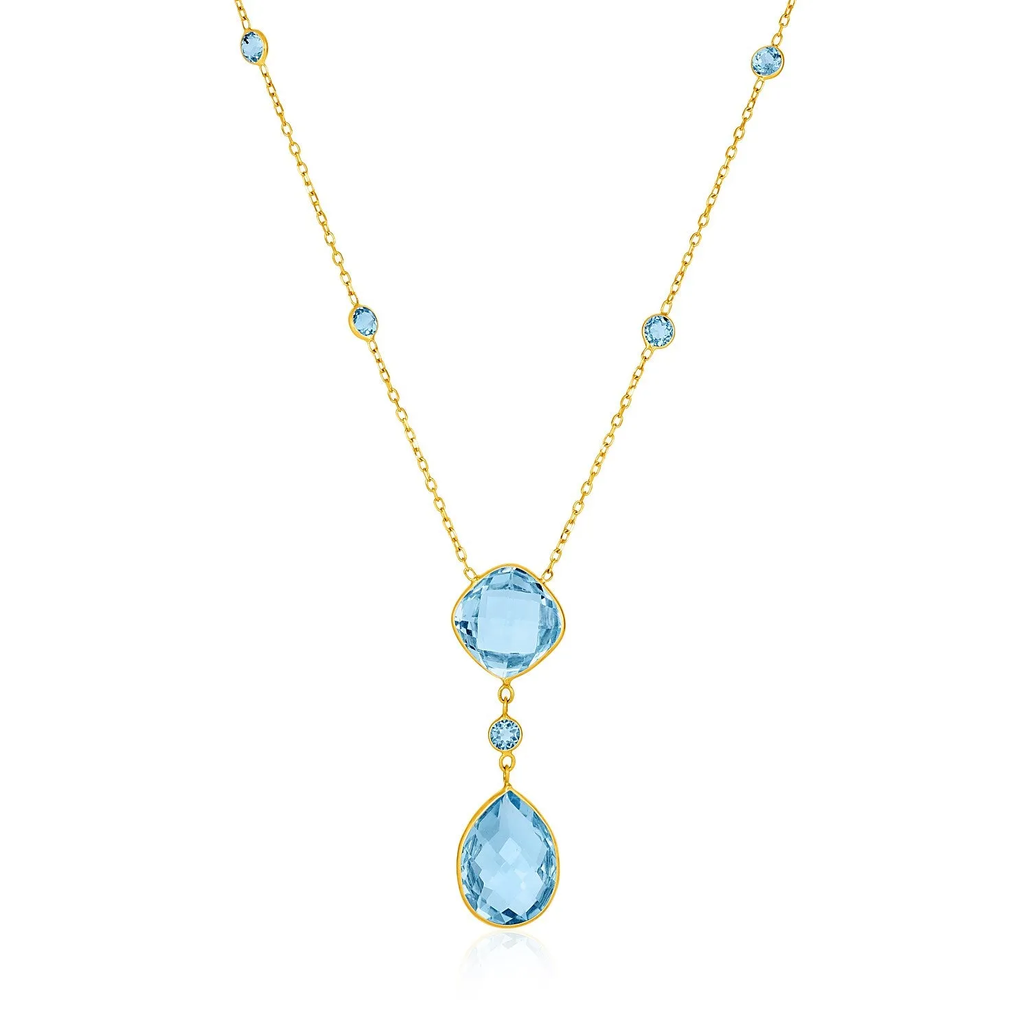 14k Yellow Gold Necklace Pear-Shaped and Cushion Blue Topaz Briolettes