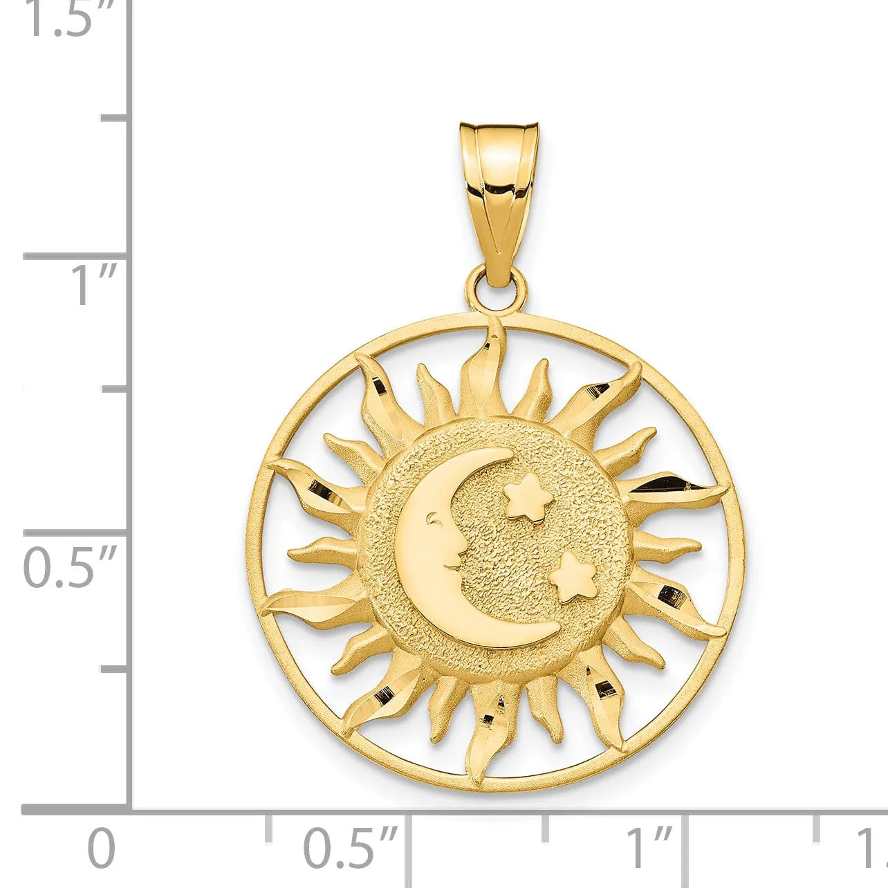 14k Yellow Gold Open Back Solid Diamond Cut Polished Finish Sun with Moon and Stars Design Round Shape Charm Pendant