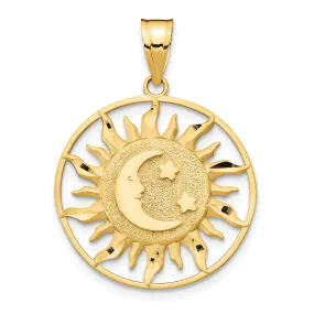 14k Yellow Gold Open Back Solid Diamond Cut Polished Finish Sun with Moon and Stars Design Round Shape Charm Pendant