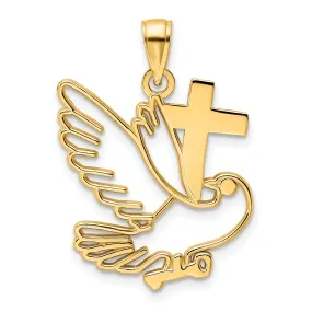 14K Yellow Gold Polished Finish Dove and Cross Design Charm Pendant