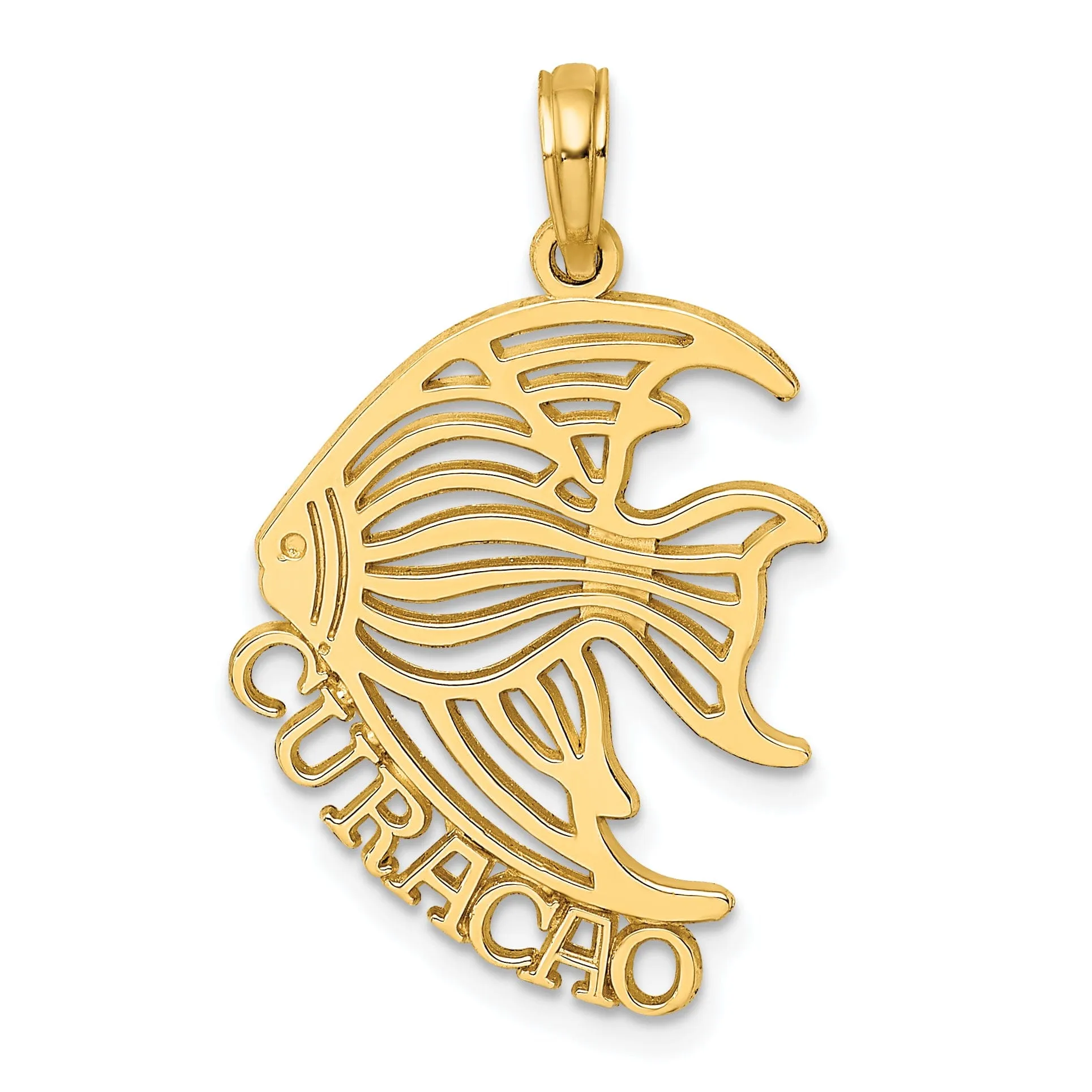 14K Yellow Gold Polished Finish Flat Back CURACAO with Cut Out Angelfish Design Charm Pendant