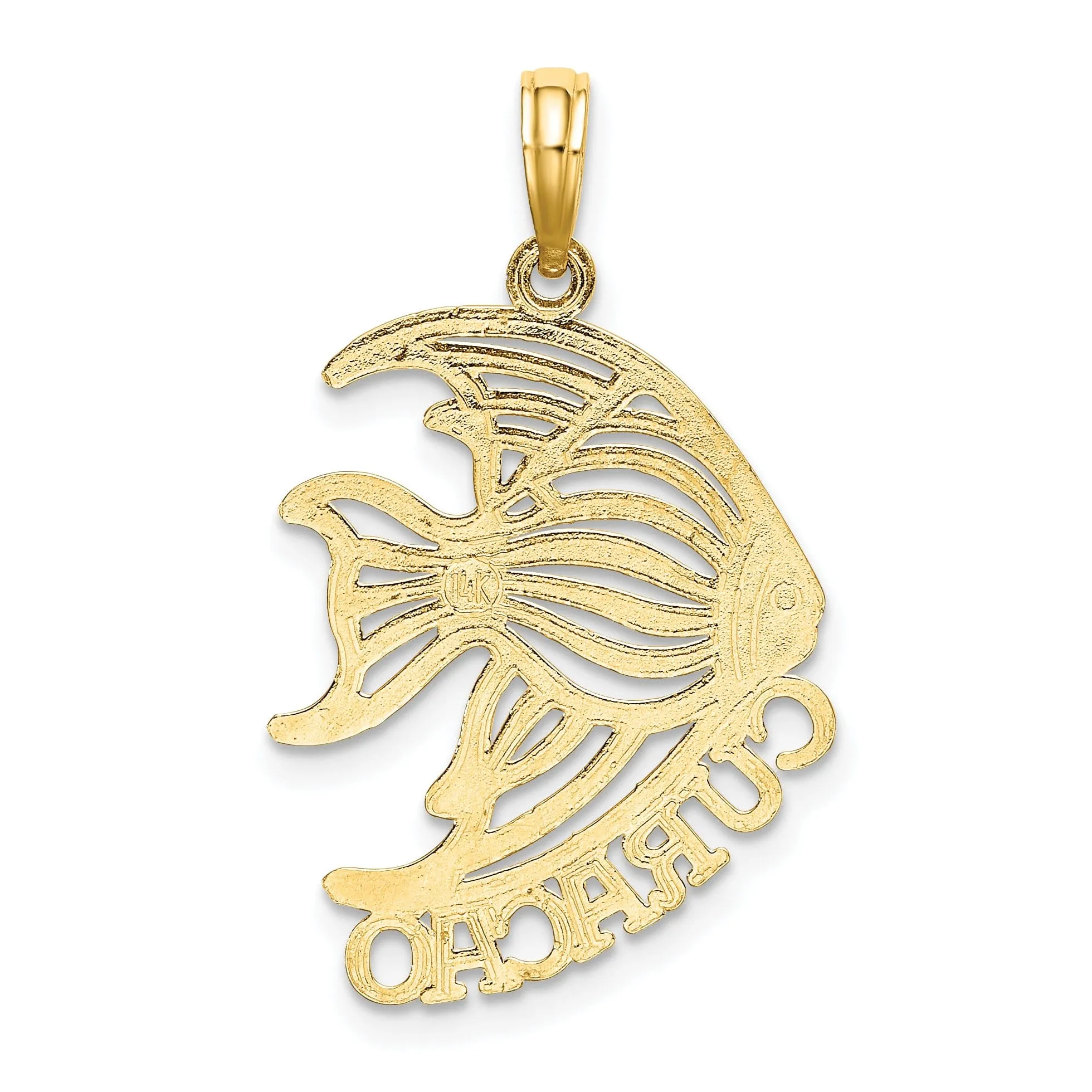 14K Yellow Gold Polished Finish Flat Back CURACAO with Cut Out Angelfish Design Charm Pendant