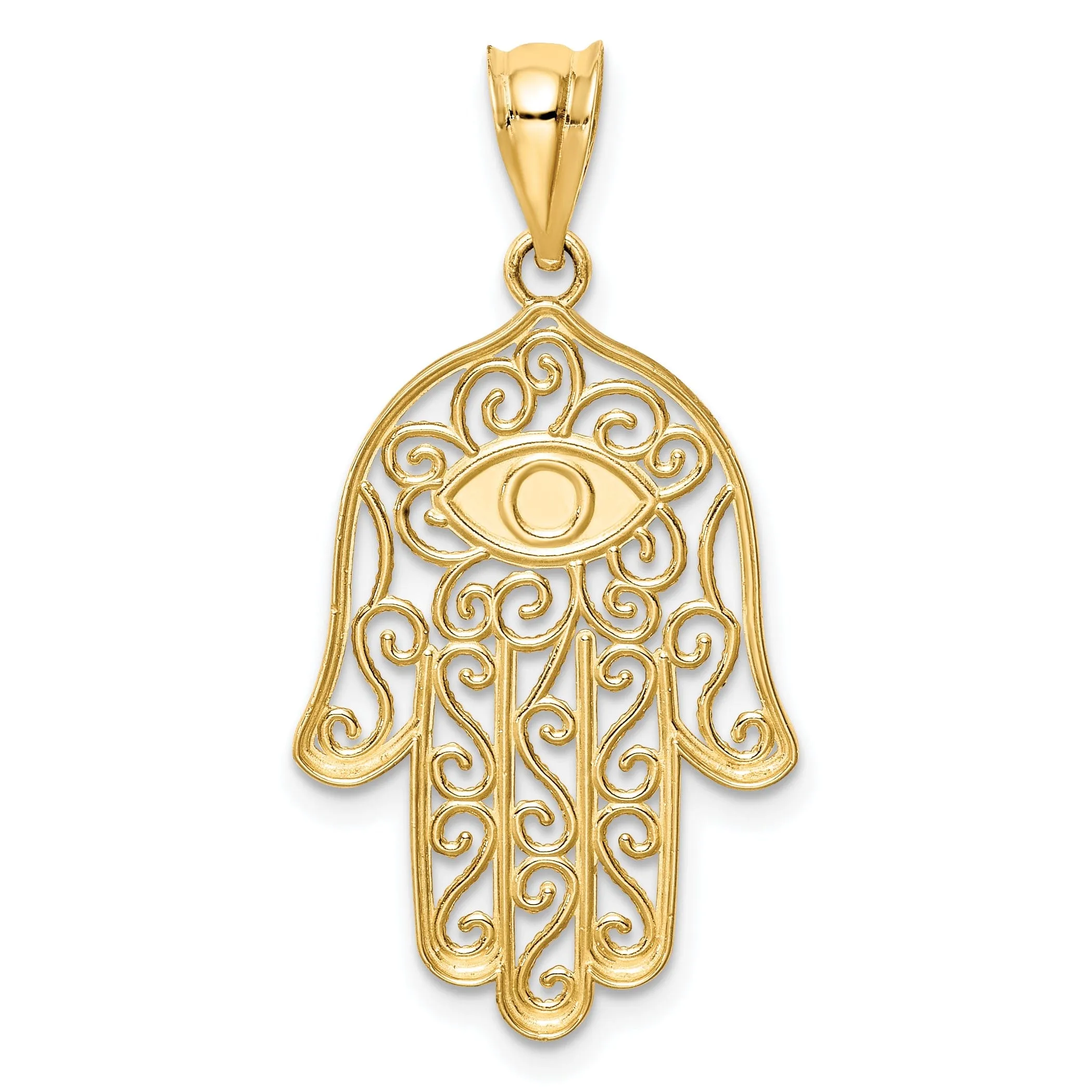 14K Yellow Golid Polished Texture Enameled Finish Hamsa Pendant