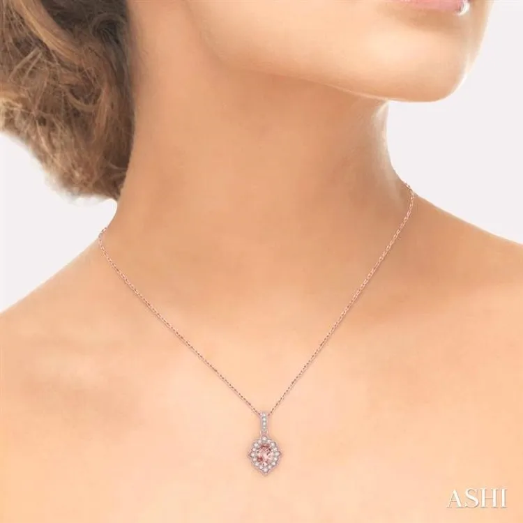 1/6 Ctw Round Cut Diamond and Ethnic Oval Cut 6x4mm Morganite Semi Precious Pendant in 10K Rose Gold with chain