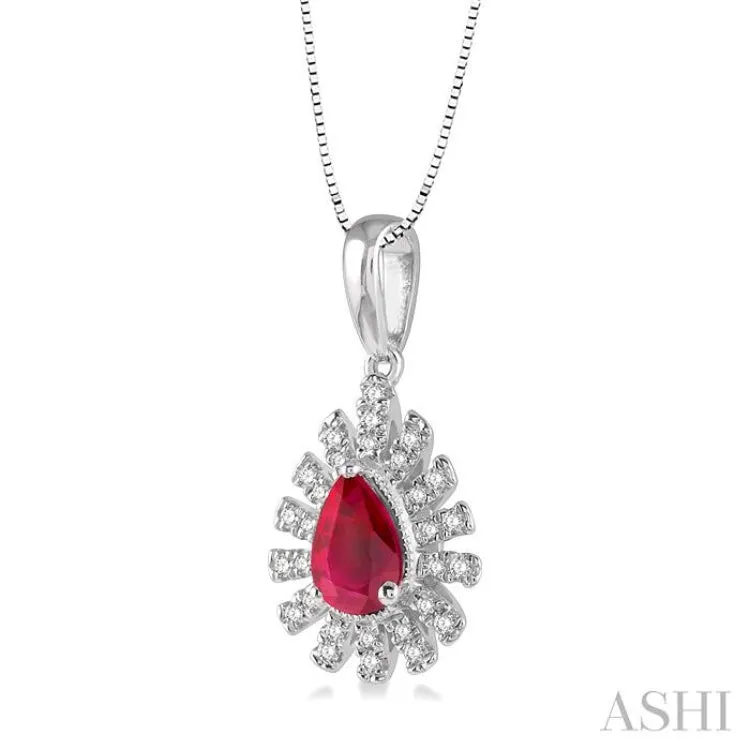 1/8 ctw Bar Accent Pear Shape 6x4mm Ruby & Round Cut Diamond Precious Pendant With Chain in 10K White Gold