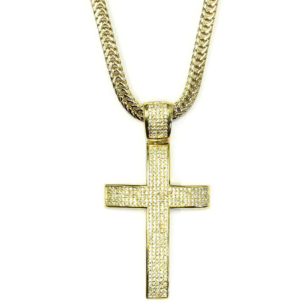 18k Gold Plated CZ Cross Pendant 2 inches with Flat Franco Chain 30 inches