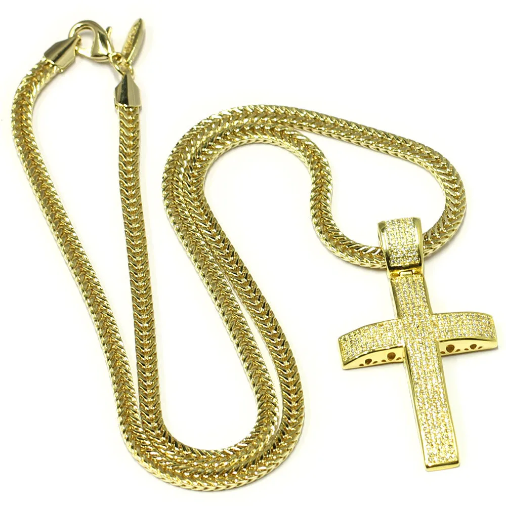 18k Gold Plated CZ Cross Pendant 2 inches with Flat Franco Chain 30 inches