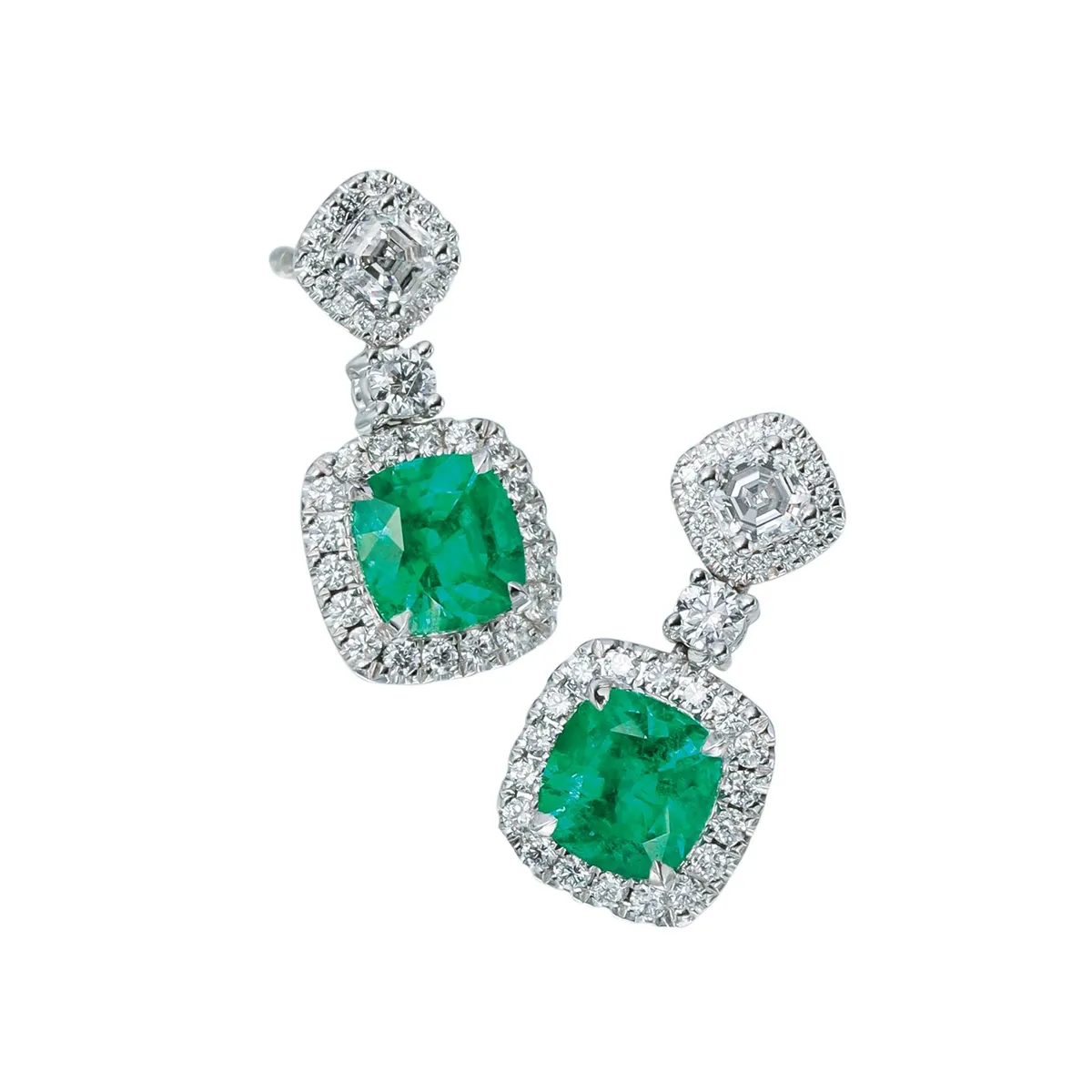 18K White Gold Cushion Cut Emerald Dangle Earrings with Diamonds