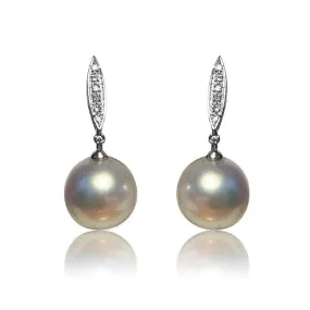 18kt White Gold dangling 12mm Pearl and Diamond earrings