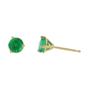 18KY 2 5MM RD ZAMBIAN EMERS=0.85-1.15CTS MED SL YELLOWISH BLUISH-GREEN MI (O) 3-PRONG STUD EARRINGS