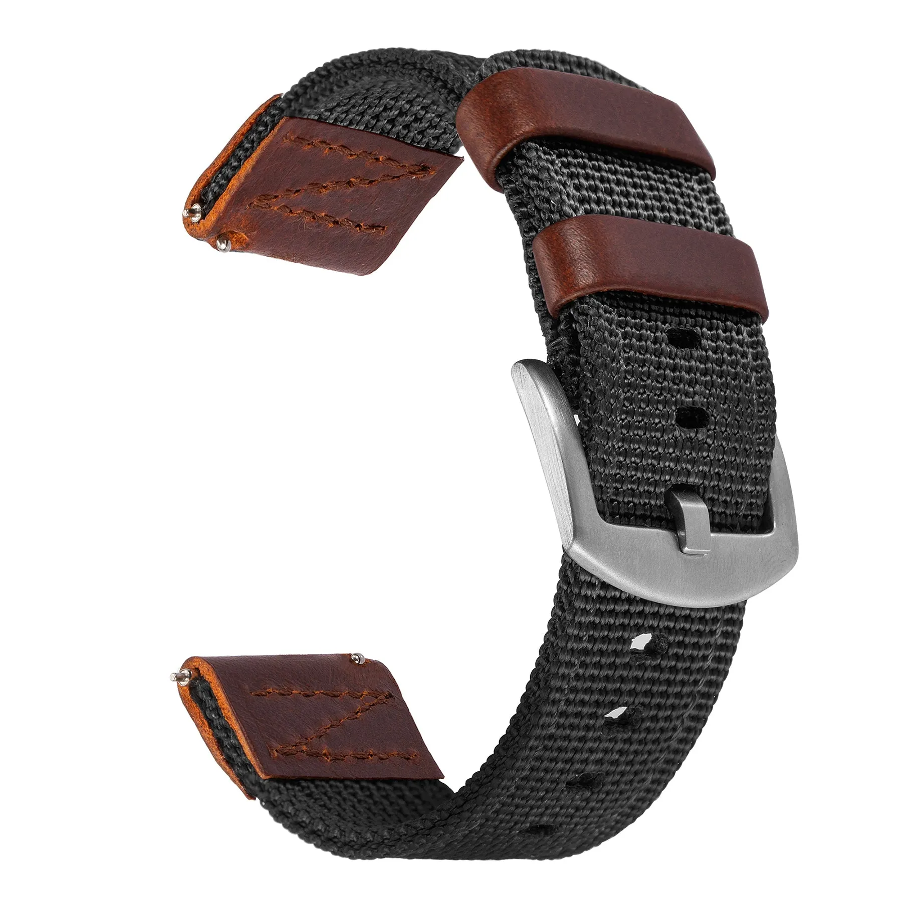 18mm 20mm 22mm Quick Release Leather Nylon Field Watch Strap - Red Brown / Black