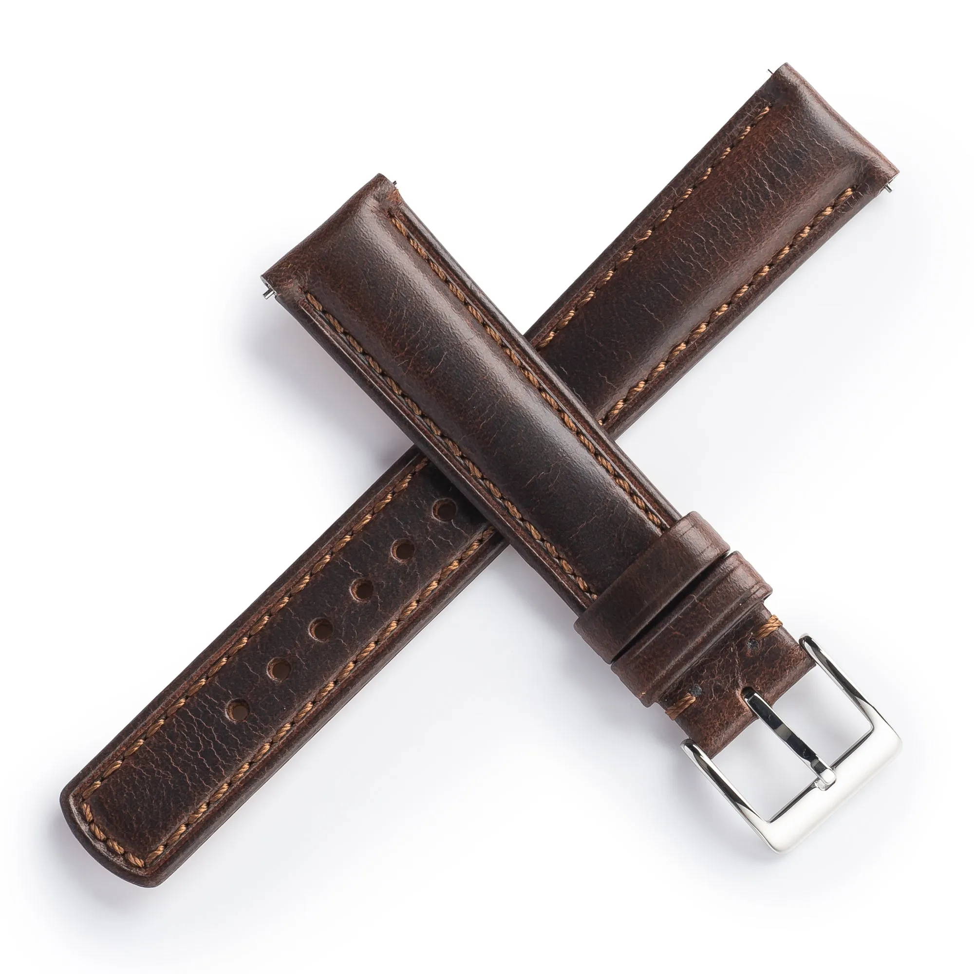 18mm 20mm 22mm Quick Release Padded Leather Watch Strap - Dark Brown