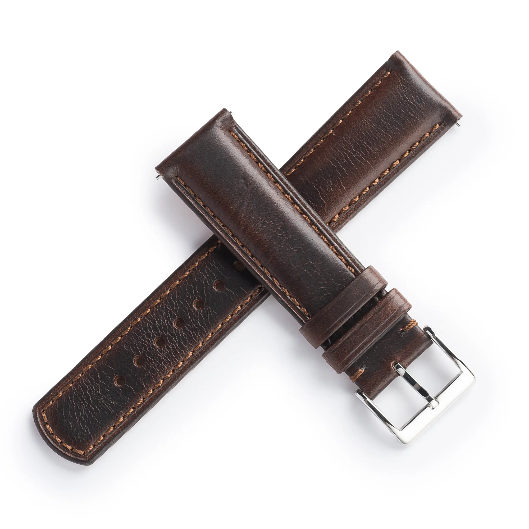 18mm 20mm 22mm Quick Release Padded Leather Watch Strap - Dark Brown